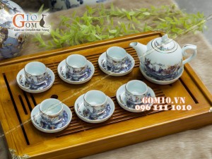 Bộ ấm chén dáng bưởi men rong cổ họa tiết Trúc Lâm Thất Hiền 350ml - Vẽ vàng 24k