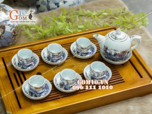 Bộ ấm chén dáng bưởi men rong cổ họa tiết Trúc Lâm Thất Hiền 350ml - Vẽ vàng 24k