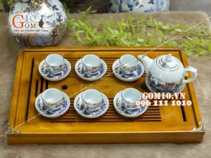 Bộ ấm chén dáng bưởi men rong cổ họa tiết Trúc Lâm Thất Hiền 350ml - Vẽ vàng 24k