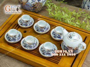 Bộ ấm chén dáng bưởi men rong cổ họa tiết Trúc Lâm Thất Hiền 350ml - Vẽ vàng 24k