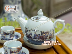 Bộ ấm chén dáng bưởi men rong cổ họa tiết Trúc Lâm Thất Hiền 350ml - Vẽ vàng 24k