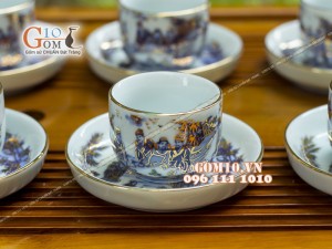 Bộ ấm chén dáng bưởi men rong cổ họa tiết Trúc Lâm Thất Hiền 350ml - Vẽ vàng 24k