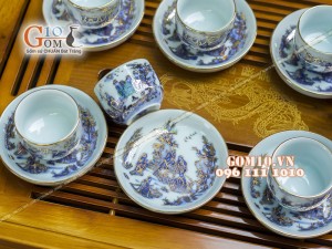Bộ ấm chén dáng bưởi men rong cổ họa tiết Trúc Lâm Thất Hiền 350ml - Vẽ vàng 24k