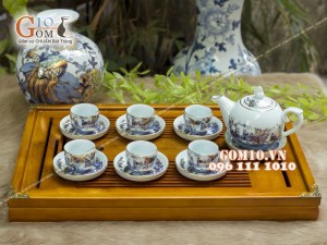 Bộ ấm chén dáng bưởi men rong cổ họa tiết Trúc Lâm Thất Hiền 350ml - Vẽ vàng 24k