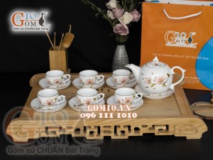 Bộ ấm chén dáng bưởi men trắng họa tiết hoa Đào, vẽ Vàng 500ml