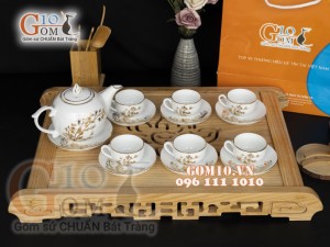 Bộ ấm chén dáng bưởi men trắng họa tiết Tre vẽ Vàng, 500ml