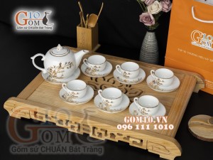 Bộ ấm chén dáng bưởi men trắng họa tiết Tre vẽ Vàng, 500ml