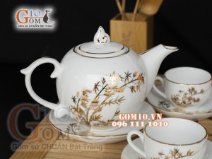 Bộ ấm chén dáng bưởi men trắng họa tiết Tre vẽ Vàng, 500ml