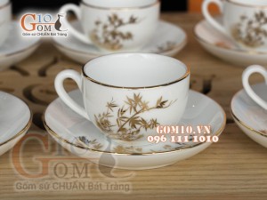 Bộ ấm chén dáng bưởi men trắng họa tiết Tre vẽ Vàng, 500ml