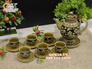 Bộ ấm chén dáng cao men cổ vẽ hoa đào, 400ml