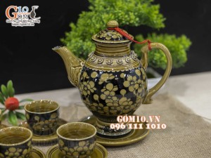 Bộ ấm chén dáng cao men cổ vẽ hoa đào, 400ml