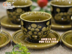 Bộ ấm chén dáng cao men cổ vẽ hoa đào, 400ml