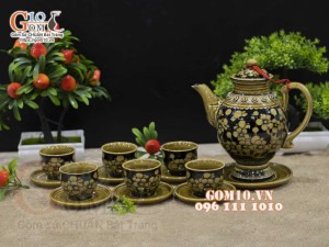 Bộ ấm chén dáng cao men cổ vẽ hoa đào, 400ml