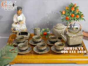 Bộ ấm chén dáng cao men hỏa biến gấm vàng đầy đủ phụ kiện 350ml