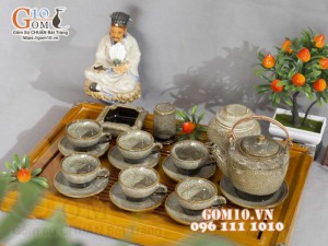 Bộ ấm chén dáng cao men hỏa biến gấm vàng 350ml