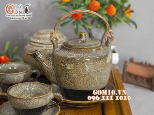 Bộ ấm chén dáng cao men hỏa biến gấm vàng 350ml