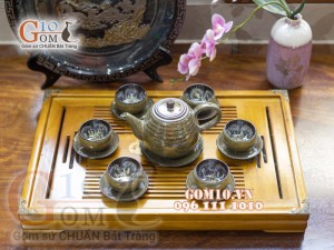 Bộ ấm chén dáng cao men hỏa biến CỐT GỐM, kẻ chỉ - chén lòng hoa 350ml