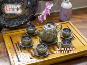 Bộ ấm chén dáng cao men hỏa biến CỐT GỐM, kẻ chỉ - chén lòng hoa 350ml