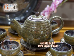 Bộ ấm chén dáng cao men hỏa biến CỐT GỐM, kẻ chỉ - chén lòng hoa 350ml