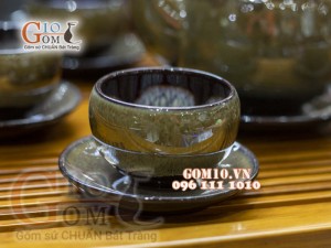 Bộ ấm chén dáng cao men hỏa biến CỐT GỐM, kẻ chỉ - chén lòng hoa 350ml