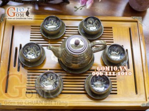 Bộ ấm chén dáng cao men hỏa biến CỐT GỐM, kẻ chỉ - chén lòng hoa 350ml