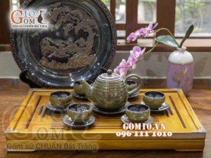 Bộ ấm chén dáng cao men hỏa biến CỐT GỐM, kẻ chỉ - chén lòng hoa 350ml