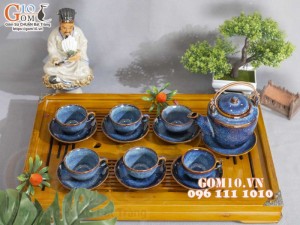 Bộ ấm chén dáng cao men hỏa biến xanh đá 350ml