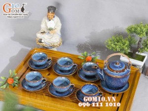 Bộ ấm chén dáng cao men hỏa biến xanh đá 350ml