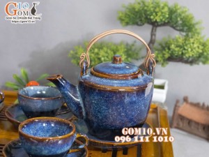 Bộ ấm chén dáng cao men hỏa biến xanh đá 350ml