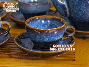 Bộ ấm chén dáng cao men hỏa biến xanh đá 350ml