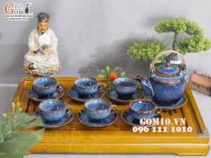 Bộ ấm chén dáng cao men hỏa biến xanh đá 350ml