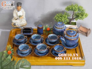 Bộ ấm chén dáng cao men hỏa biến xanh đá đầy đủ phụ kiện 350ml