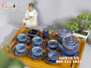 Bộ ấm chén dáng cao men hỏa biến xanh đá đầy đủ phụ kiện 350ml