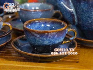 Bộ ấm chén dáng cao men hỏa biến xanh đá đầy đủ phụ kiện 350ml