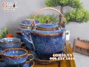 Bộ ấm chén dáng cao men hỏa biến xanh đá đầy đủ phụ kiện 350ml
