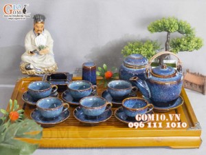 Bộ ấm chén dáng cao men hỏa biến xanh đá đầy đủ phụ kiện 350ml