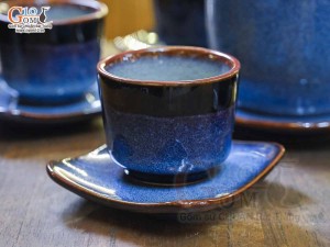 Bộ ấm chén dáng cao quai đồng men hỏa biến xanh đá