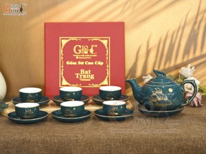 Bộ ấm chén dáng chim lạc men xanh họa tiết Thuận Buồm Xuôi Gió, 350ml