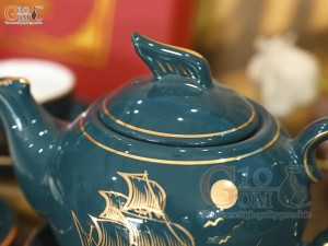 Bộ ấm chén dáng chim lạc men xanh họa tiết Thuận Buồm Xuôi Gió, 350ml