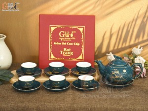 Bộ ấm chén dáng chim lạc men xanh họa tiết Thuận Buồm Xuôi Gió, 350ml