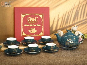 Bộ ấm chén dáng chim lạc men xanh họa tiết Thuận Buồm Xuôi Gió, 350ml