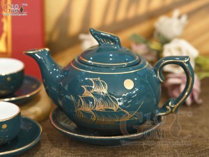 Bộ ấm chén dáng chim lạc men xanh họa tiết Thuận Buồm Xuôi Gió, 350ml