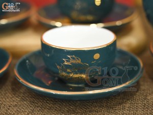 Bộ ấm chén dáng chim lạc men xanh họa tiết Thuận Buồm Xuôi Gió, 350ml