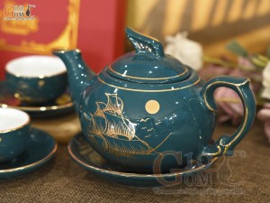 Bộ ấm chén dáng chim lạc men xanh họa tiết Thuận Buồm Xuôi Gió, 350ml