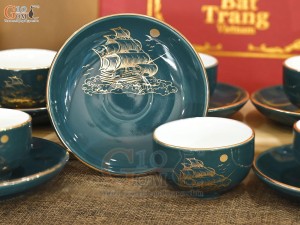Bộ ấm chén dáng chim lạc men xanh họa tiết Thuận Buồm Xuôi Gió, 350ml