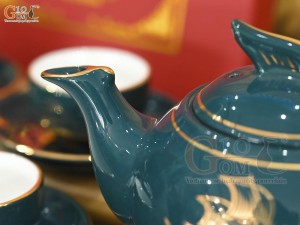 Bộ ấm chén dáng chim lạc men xanh họa tiết Thuận Buồm Xuôi Gió, 350ml