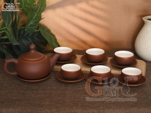 Bộ ấm chén dáng chóp cao, gốm nâu chỉ đỏ 350ml