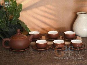 Bộ ấm chén dáng chóp cao, gốm nâu chỉ đỏ 350ml