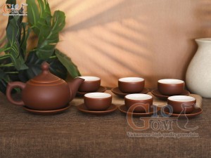 Bộ ấm chén dáng chóp cao, gốm nâu chỉ đỏ 350ml