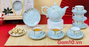 Bộ ấm chén dáng chóp lửa men đá màu xanh họa tiết hoa Đào xanh, 500ml